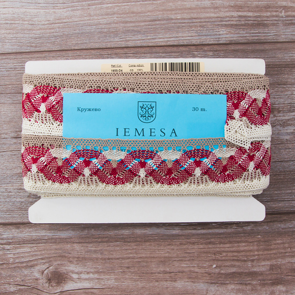 Мерсеризованное хлопковое кружево, 55 мм, цвет экрю/бежевый/бордо. Арт 1855/D4