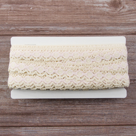 Мерсеризованное хлопковое кружево, 23 мм, цвет бежевый/светло-розовый. Арт 3679/95