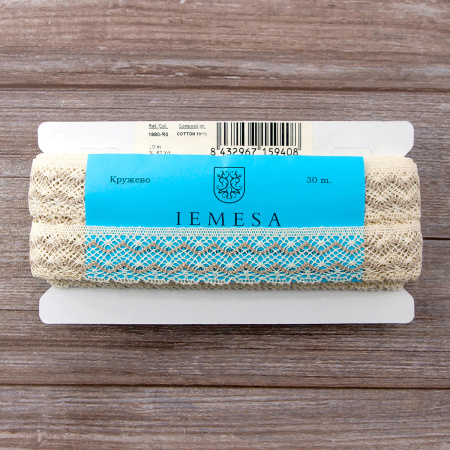 Мерсеризованное хлопковое кружево, 35 мм, цвет сливочный с бежевым. Арт 1880/R0