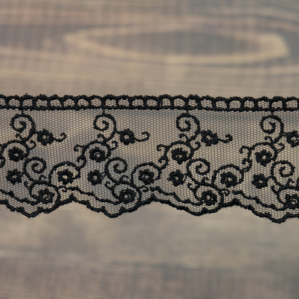 Кружево-вышивка на тюле, 42 мм, цвет черный, 100% полиэстер, 3,5 м. Арт T-2443.13
