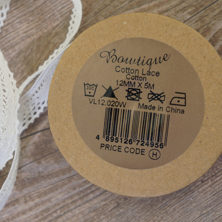 Кружево хлопковое на картонной катушке, цвет белый. Арт VL12.020W