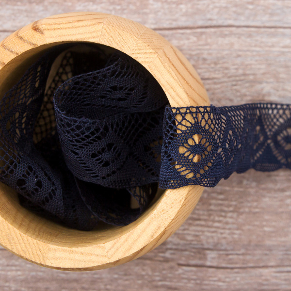 Мерсеризованное хлопковое кружево, 25 мм, цвет темно-синий. Арт 2023/9S
