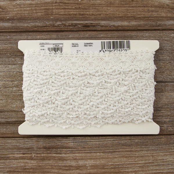 Мерсеризованное хлопковое кружево, 40 мм, цвет белый. Арт K055/01