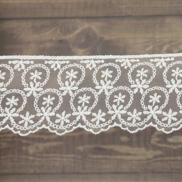 Кружево-вышивка на тюле, 63 мм, цвет молочный, 100% полиэстер, 3,5 м. Арт T-1909.112