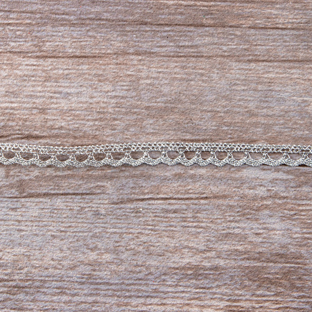 Мерсеризованное хлопковое кружево, 7 мм, цвет серебристый люрекс. Арт 3174/29                 