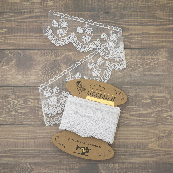 Кружево-вышивка на тюле, 70 мм, цвет белый, 100% полиэстер, 3,5 м. Арт WT-1915.212