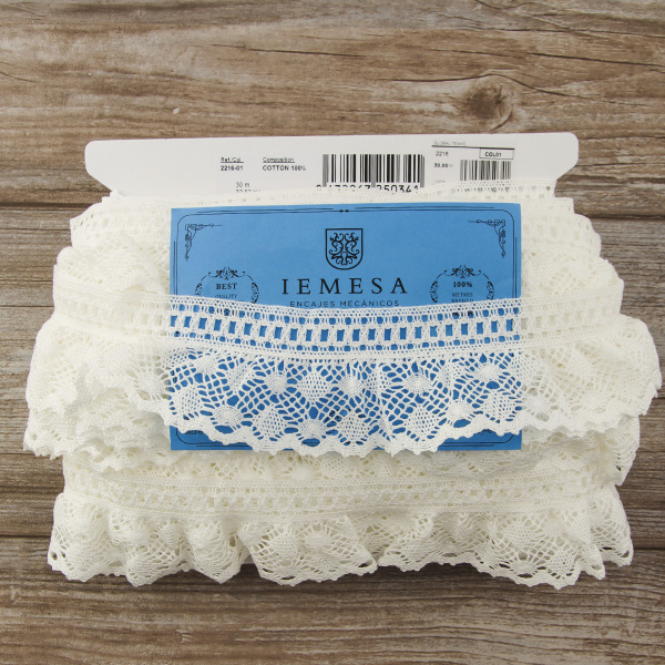 Мерсеризованное хлопковое кружево, 65 мм, цвет белый. Арт 2216/01
