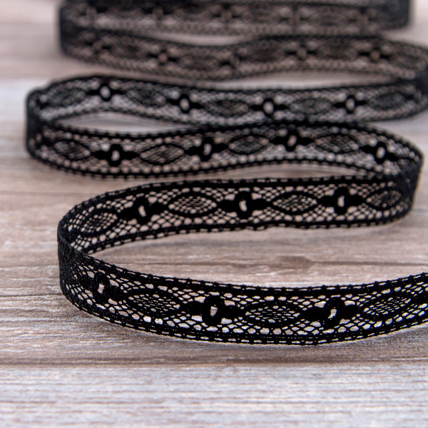 Мерсеризованное хлопковое кружево, 15 мм, цвет черный. Арт 3020/14
