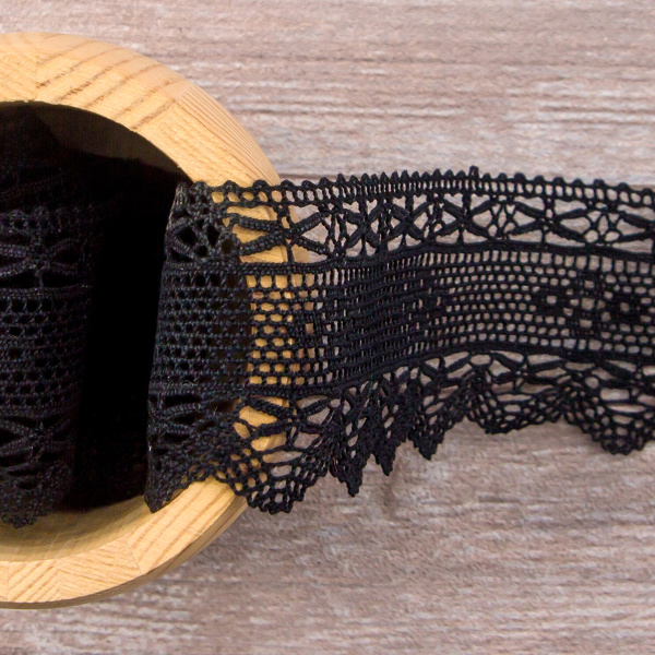 Мерсеризованное хлопковое кружево, 45 мм, цвет черный. Арт 1797/14                 
