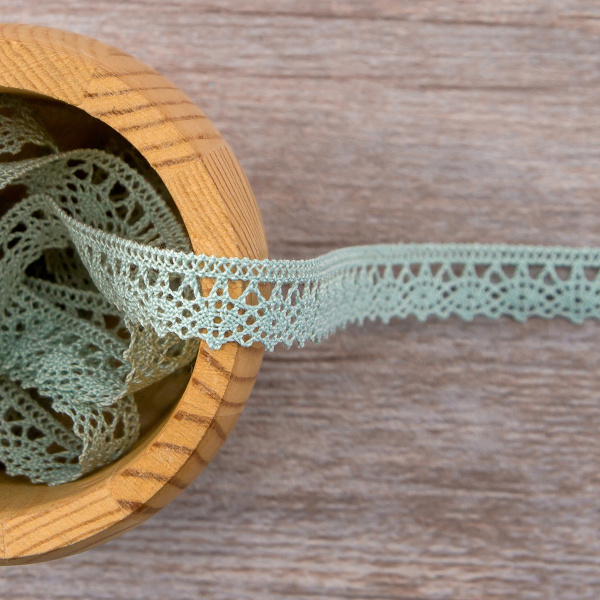 Мерсеризованное хлопковое кружево, 12 мм, цвет серо-бирюзовый. Арт 3267/8K