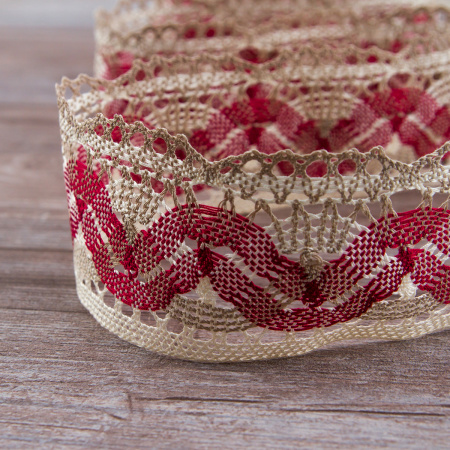 Мерсеризованное хлопковое кружево, 55 мм, цвет молочно-белый/бежевый/бордо. Арт 1854/D4