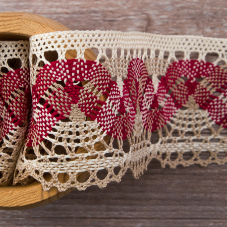Мерсеризованное хлопковое кружево, 55 мм, цвет молочно-белый/бежевый/бордо. Арт 1854/D4
