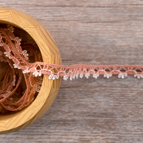 Мерсеризованное хлопковое кружево, 10 мм, цвет пыльно-розовый с белым. Арт 3480/H3                 
