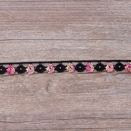 Мерсеризованное хлопковое кружево, 13 мм, цвет черный с бежево-розовым. Арт 3615/B4