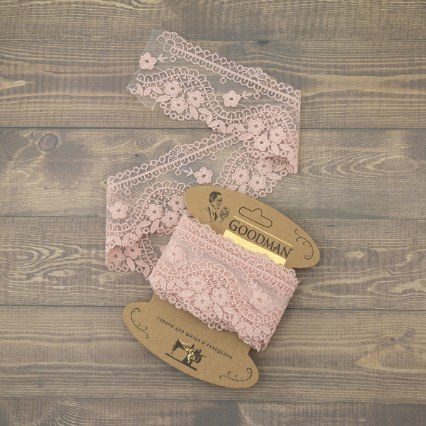 Кружево-вышивка на тюле, 65 мм, цвет бледно-розовый, 100% полиэстер, 3,5 м. Арт WT-30675.226