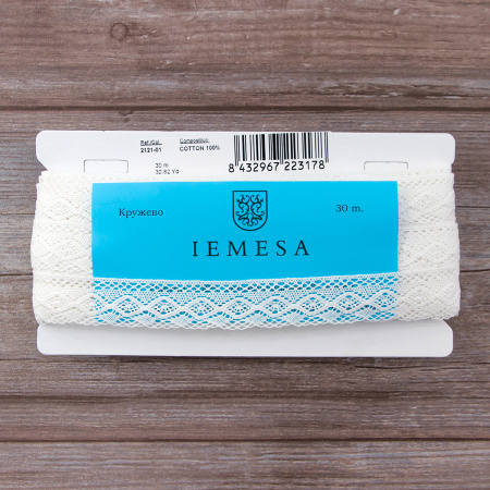 Мерсеризованное хлопковое кружево, 28 мм, белый. Арт 2121/01