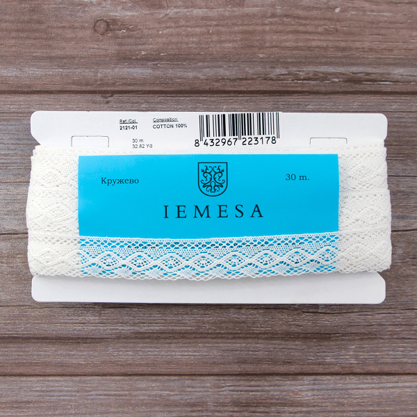 Мерсеризованное хлопковое кружево, 28 мм, белый. Арт 2121/01