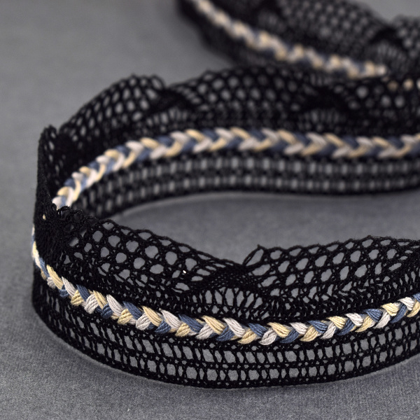 Мерсеризованное хлопковое кружево, 35 мм, цвет чёрный. Арт 2196/14