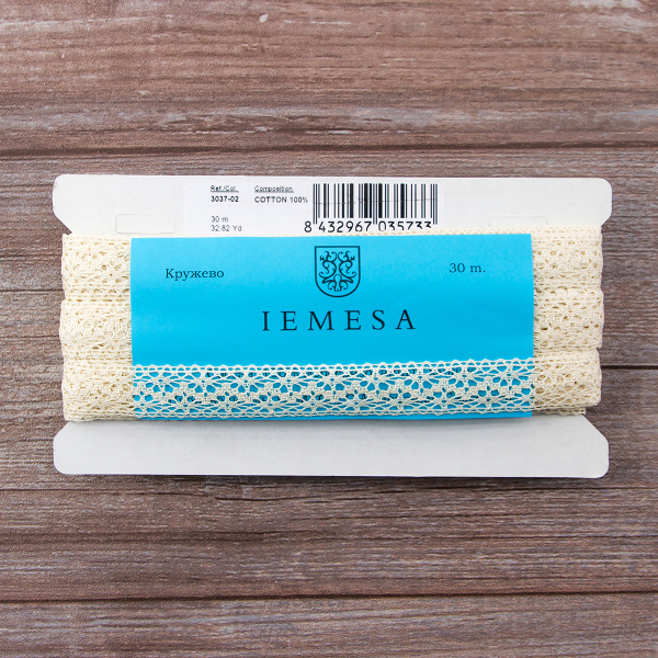 Мерсеризованное хлопковое кружево, 20 мм, цвет сливочный. Арт 3037/02                 