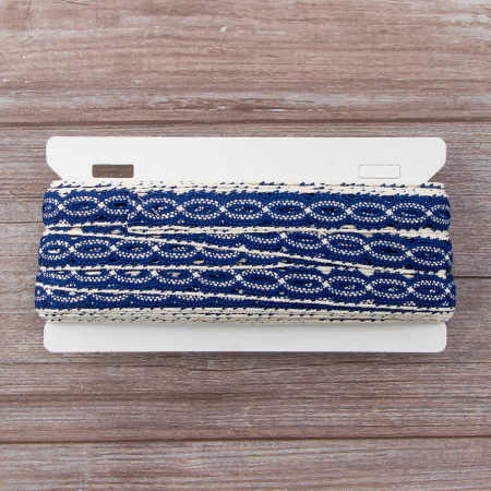 Мерсеризованное хлопковое кружево, 20 мм, цвет синий с молочно-белым. Арт 1826/J6                 