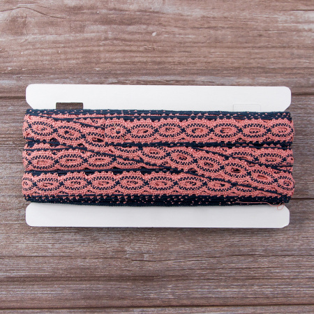 Мерсеризованное хлопковое кружево, 20 мм, цвет пыльно-розовый с цветом морской волны. Арт 1826/R5                 