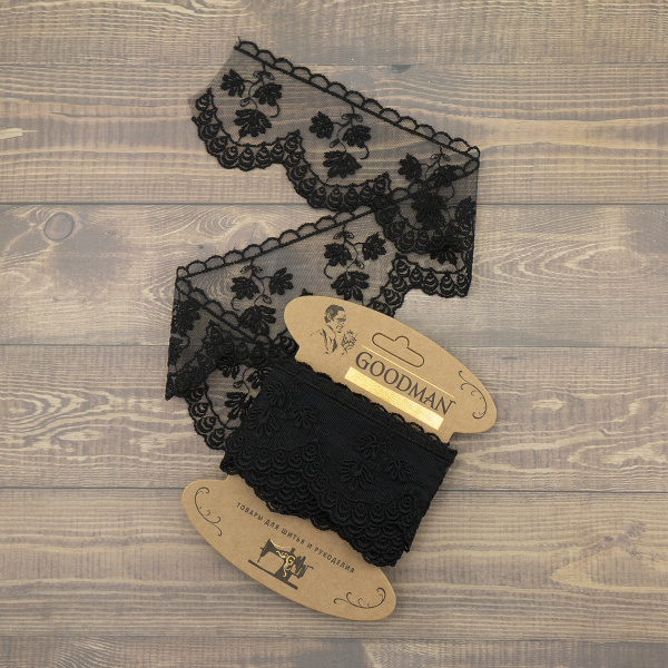 Кружево-вышивка на тюле, 70 мм, цвет черный, 100% полиэстер, 3,5 м. Арт WT-1915.13