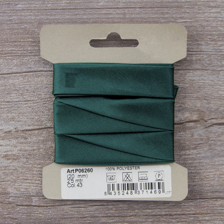 Косая бейка атласная  на блистере SAFISA, 20 мм, 2,5 м, цвет 43, темно-зеленый. Арт P06260-20мм-43          