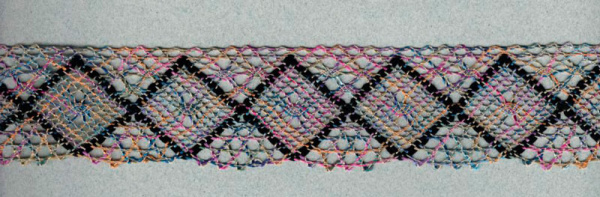 Мерсеризованное хлопковое кружево, 50 мм, цвет сиренево-серо-желто-розовый с черным. Арт 1403/A4                 