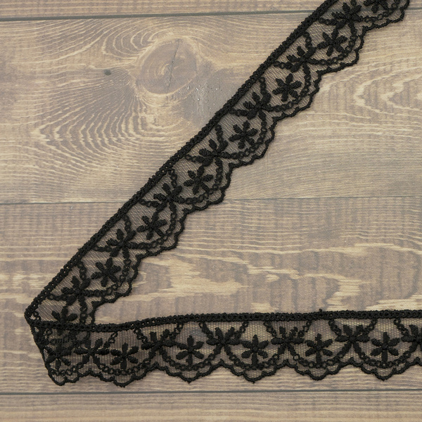 Кружево-вышивка на тюле, 28 мм, цвет черный, 100% полиэстер, 3,5 м. Арт T-1910.13