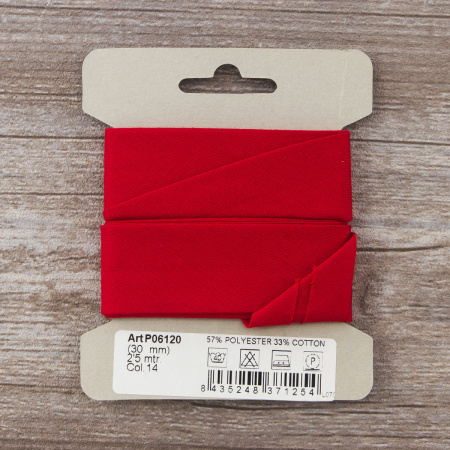 Косая бейка хлопок/полиэстер на блистере, 30 мм, 2,5 м, цвет 14, красный. Арт P06120-30мм-14          