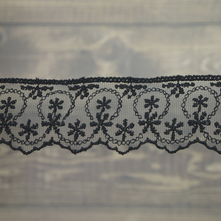 Кружево-вышивка на тюле, 45 мм, цвет черный, 100% полиэстер, 3,5 м. Арт T-1281.13
