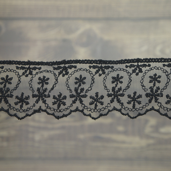 Кружево-вышивка на тюле, 45 мм, цвет черный, 100% полиэстер, 3,5 м. Арт T-1281.13