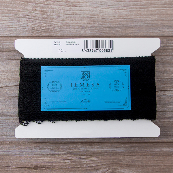 Мерсеризованное хлопковое кружево, 35 мм, цвет черный. Арт 3201/14                 