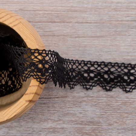 Мерсеризованное хлопковое кружево, 25 мм, цвет черный. Арт 3207/14                 