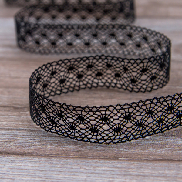 Мерсеризованное хлопковое кружево, 20 мм, цвет черный. Арт 2020/14