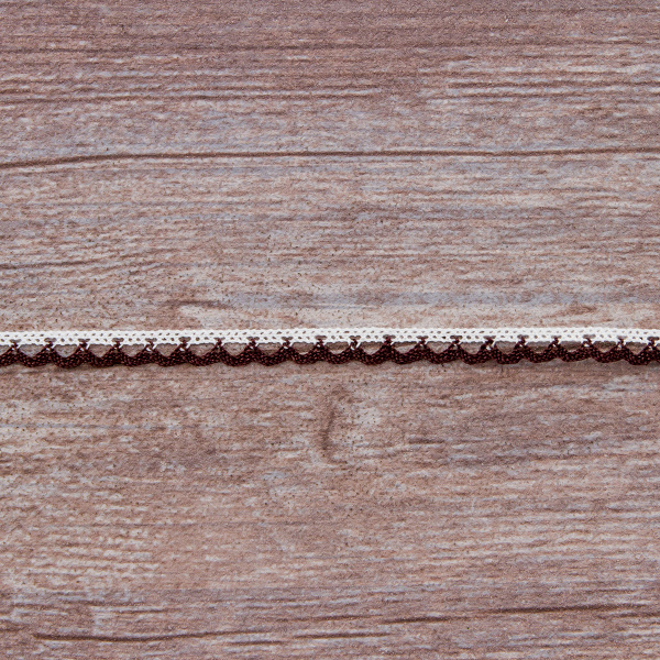 Мерсеризованное хлопковое кружево, 7 мм, цвет белый с коричневым. Арт 3174/33