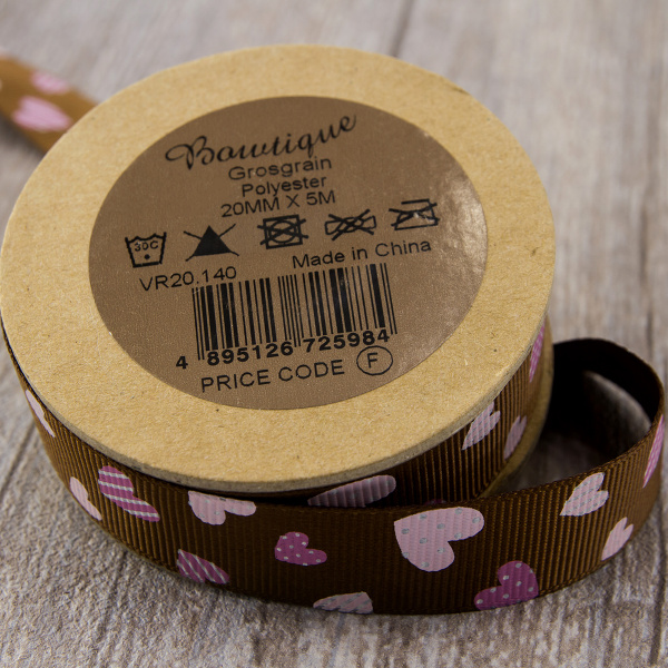 Лента репсовая на картонной мини-катушке "Сердечки". Арт VR20.140