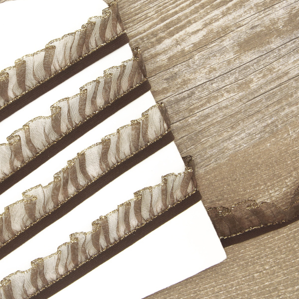 Рюш эластичный PEGA, коричневый с золотым люрексом, 18 мм. Арт 821619218H7927          