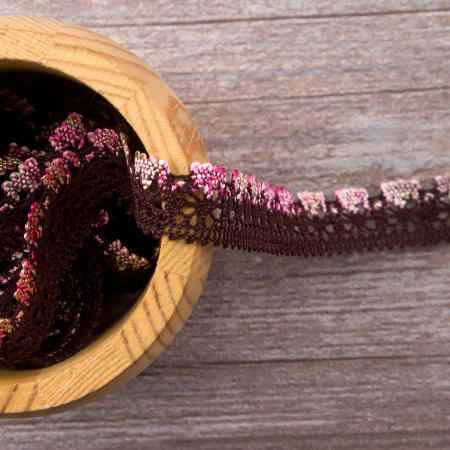 Мерсеризованное хлопковое кружево, 15 мм, цвет коричневый с розово-бежевым. Арт 3247/B5                 