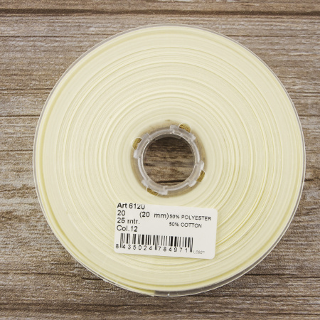 Косая бейка хлопок/полиэстер 20 мм, 25 м, цвет 12, слоновая кость. Арт 6120-20мм-12            