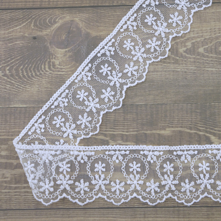 Кружево-вышивка на тюле, 45 мм, цвет белый, 100% полиэстер, 3,5 м. Арт T-1281.212