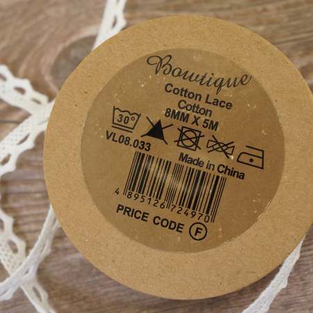 Кружево хлопковое на картонной катушке, цвет белый. Арт VL08.033
