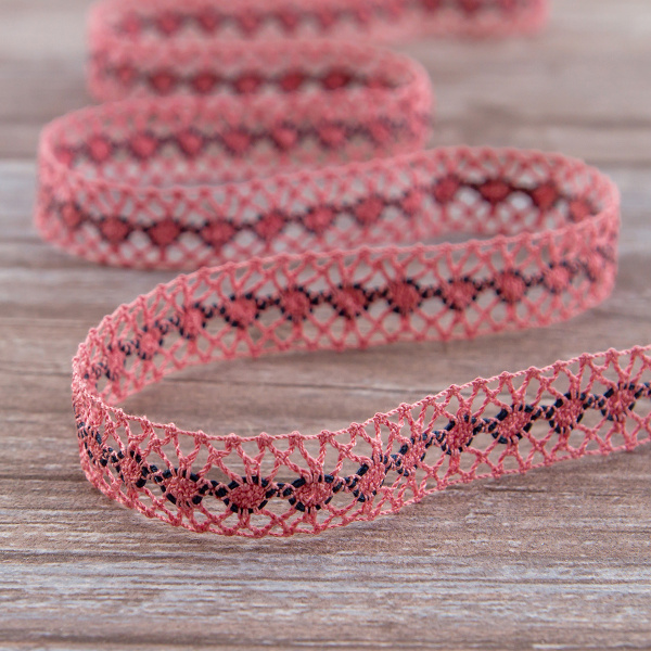 Мерсеризованное хлопковое кружево, 20 мм, цвет пыльно-розовый с цветом морской волны. Арт 1825/R5                 