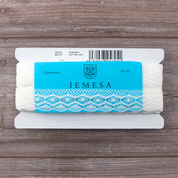 Мерсеризованное хлопковое кружево, 30 мм, цвет белый. Арт 2227/01