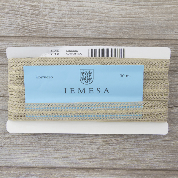 Мерсеризованное хлопковое кружево, 26 мм, цвет бежевый. Арт 2178/27