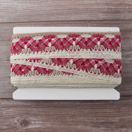 Мерсеризованное хлопковое кружево, 55 мм, цвет экрю/бежевый/бордо. Арт 1855/D4