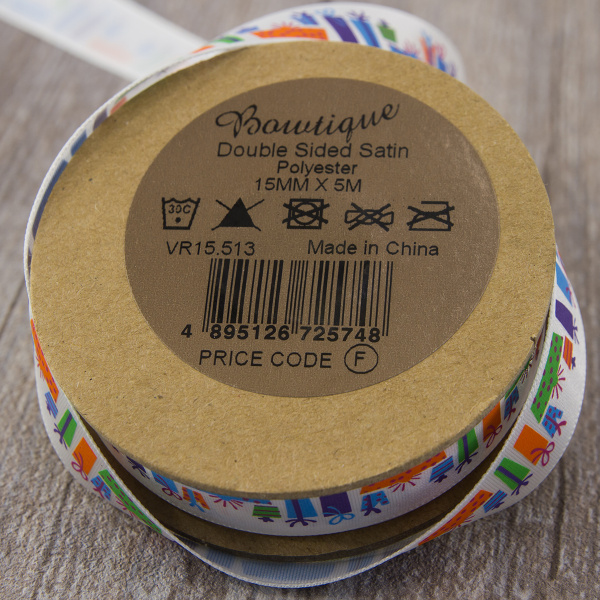 Лента атласная на картонной мини-катушке "Подарки". Арт VR15.513