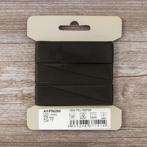 Косая бейка атласная  на блистере SAFISA, 20 мм, 2,5 м, цвет 17, темно-коричневый. Арт P06260-20мм-17          