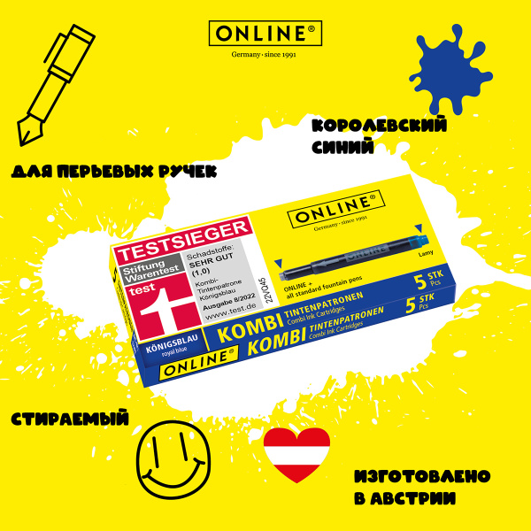 Картридж "Combi Ink Cartridge" для перьевой ручки, 76 мм, цвет синий, в комплекте 20 шт.. Арт 17026Combi