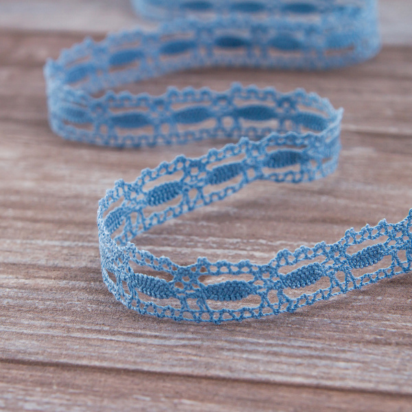 Мерсеризованное хлопковое кружево, 15 мм, цвет темно-голубой. Арт 1798/F4                 